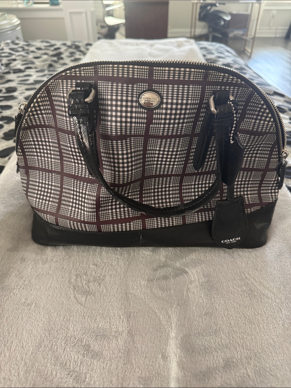 Coach Dome Satchel in Black and Brown Plaid